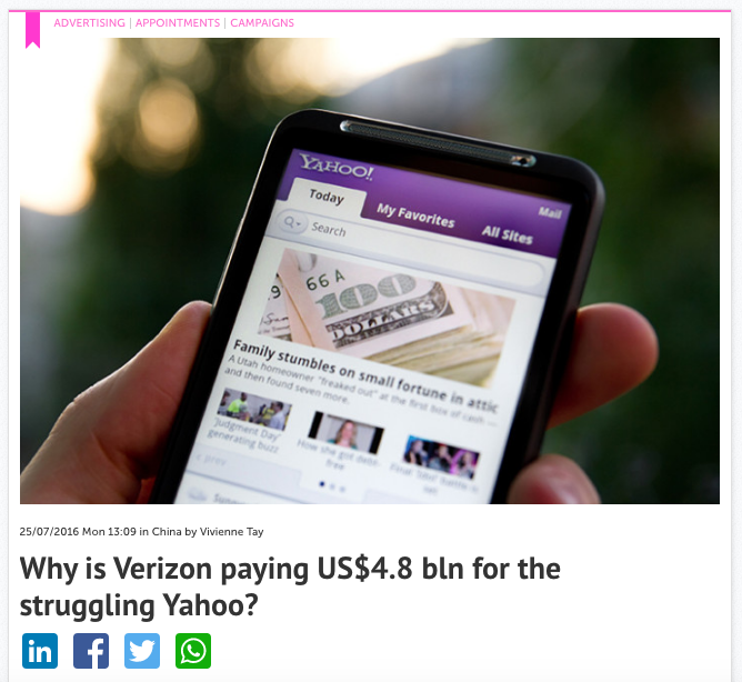 Why is Verizon paying US$4.8 bln for the struggling Yahoo? – Consulus comments on Marketing Magazine